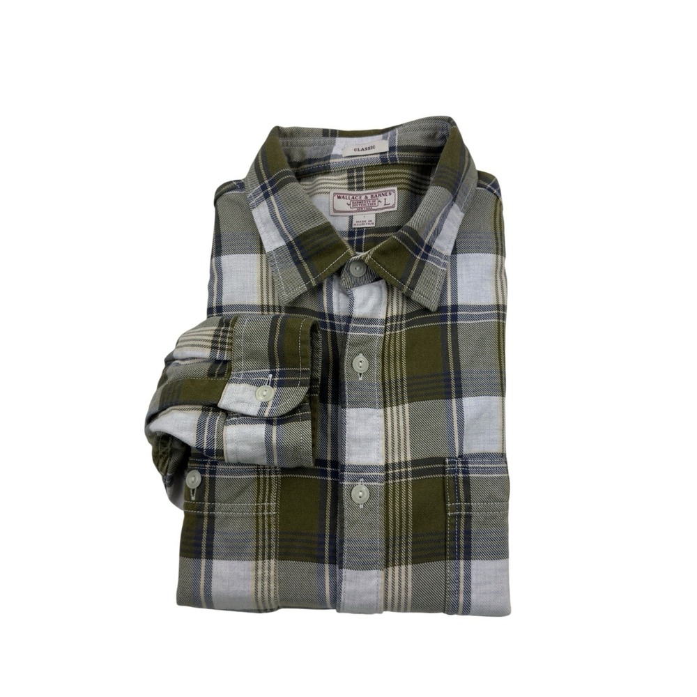 Wallace & Barnes Green Blue Yellow‎ Plaid Cotton Flannel Shirt Double Pocket L